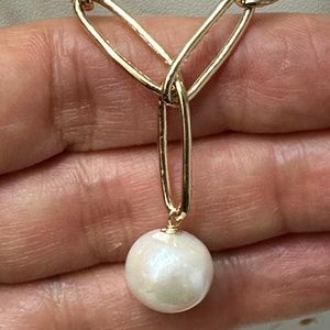 11.7mm White Cultured Real Pearl 14K Paperclip Necklace-23 1/2 Inches-Adjustable